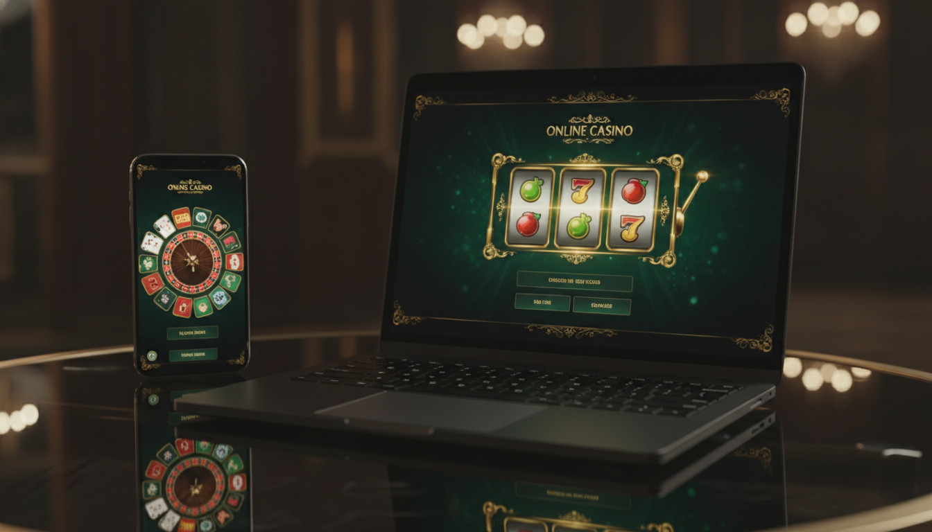 Modern CrownGreen online casino lobby on desktop and mobile with glowing green and gold accents